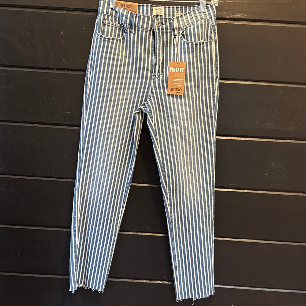 Kensie Blue & White Striped Ankle Jeans